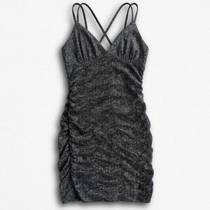 Wild Fable Women XS Metallic Silver Black Ruched Bodycon Mini Dress Strappy Back